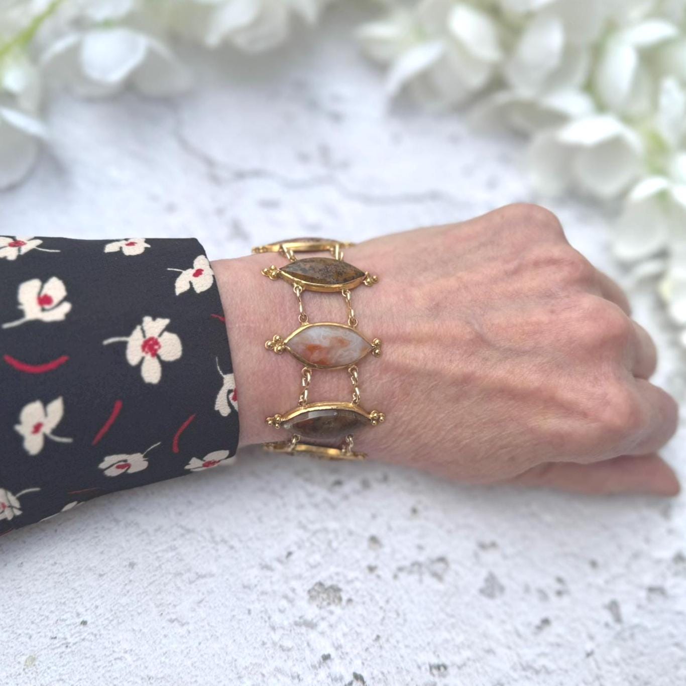 Antique Georgian Scottish Agate Gold Gilded Silver Bracelet. Wide Scottish Pebble Mixed Agate Bracelet. Victorian Marquise Panel Bracelet