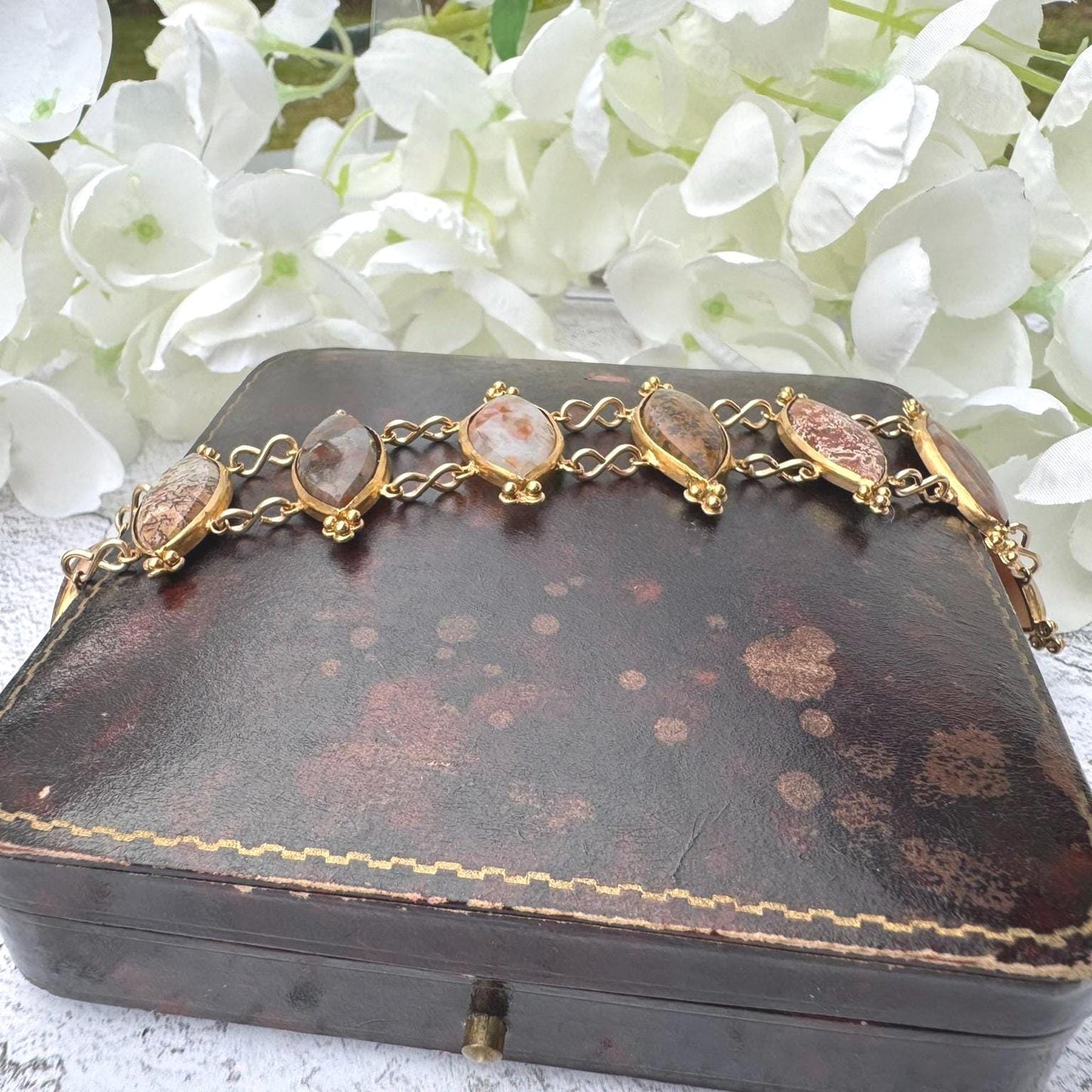 Antique Georgian Scottish Agate Gold Gilded Silver Bracelet. Wide Scottish Pebble Mixed Agate Bracelet. Victorian Marquise Panel Bracelet