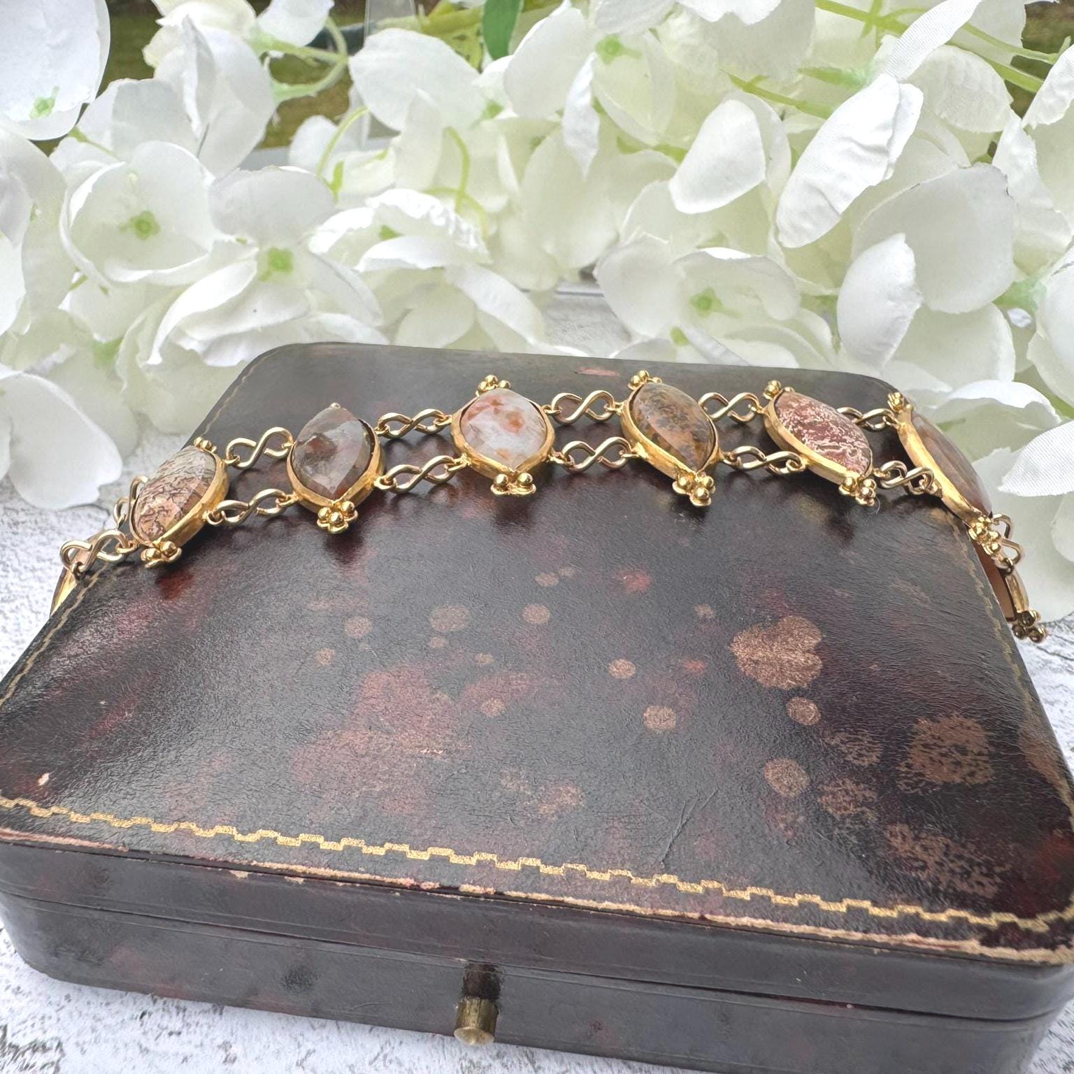 Antique Georgian Scottish Agate Gold Gilded Silver Bracelet. Wide Scottish Pebble Mixed Agate Bracelet. Victorian Marquise Panel Bracelet