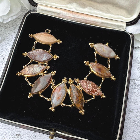 Antique Georgian Scottish Agate Gold Gilded Silver Bracelet. Wide Scottish Pebble Mixed Agate Bracelet. Victorian Marquise Panel Bracelet