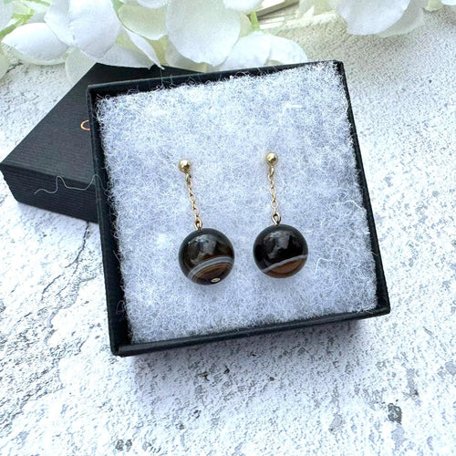 Antique Art Deco 9ct Gold Scottish Bulls Eye Agate Drop Earrings. Vintage 1920's Banded Natural Onyx Round Orb Earrings For Pierced Ears