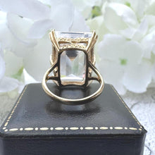 画像をギャラリービューアに読み込む, Vintage 9ct Gold 24ct Emerald Cut Rock Crystal Ring. Huge Clear Gemstone Baguette Solitaire Ring. 1970&#39;s Yellow Gold Statement Cocktail Ring
