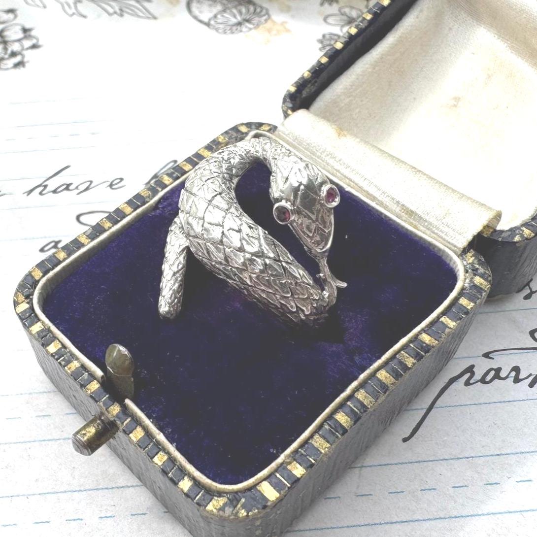 Vintage Sterling Silver Coiled Snake Ring With Ruby Eyes. Engraved Silver Gem Set Snake Ring, Size L-1/2, 6. Love Token Statement Jewellery