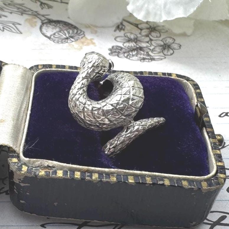 Vintage Sterling Silver Coiled Snake Ring With Ruby Eyes. Engraved Silver Gem Set Snake Ring, Size L-1/2, 6. Love Token Statement Jewellery