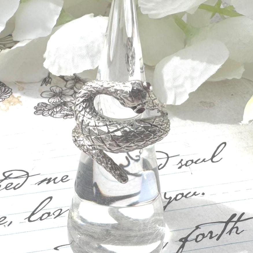 Vintage Sterling Silver Coiled Snake Ring With Ruby Eyes. Engraved Silver Gem Set Snake Ring, Size L-1/2, 6. Love Token Statement Jewellery