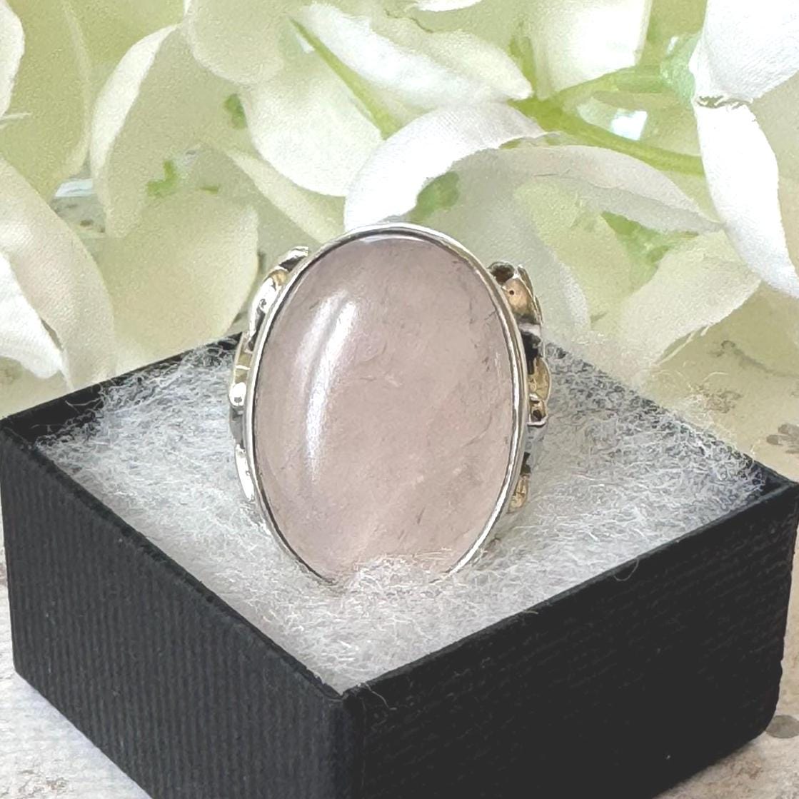 Antique Arts Crafts Rose Quartz Ring: Edwardian Sterling Silver Cabochon Statement Ring
