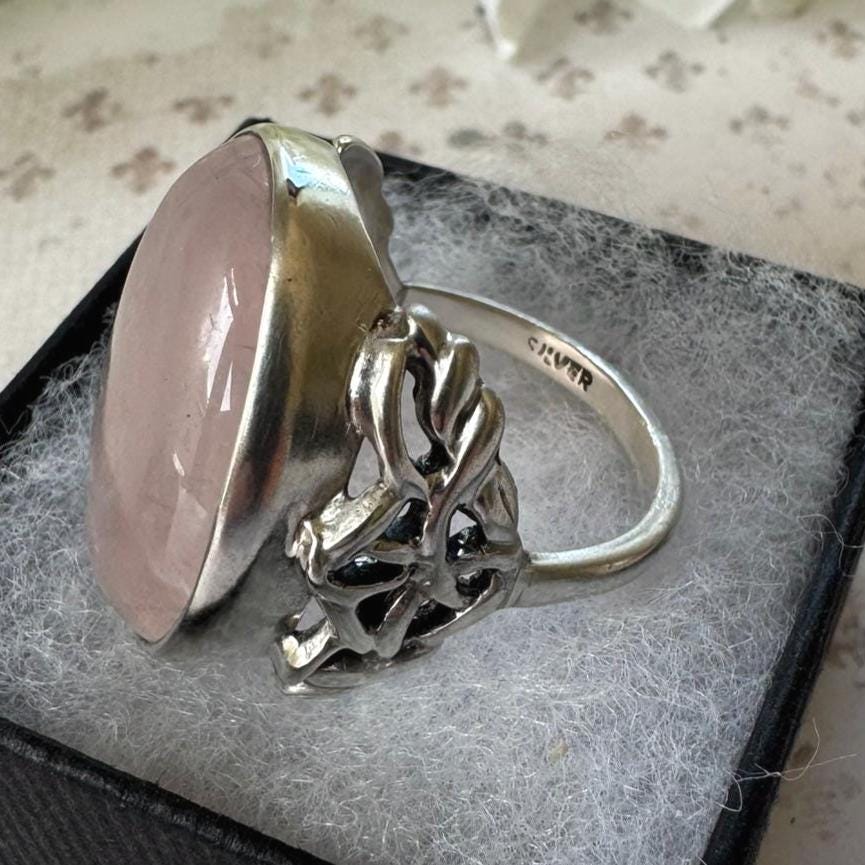 Antique Arts Crafts Rose Quartz Ring: Edwardian Sterling Silver Cabochon Statement Ring