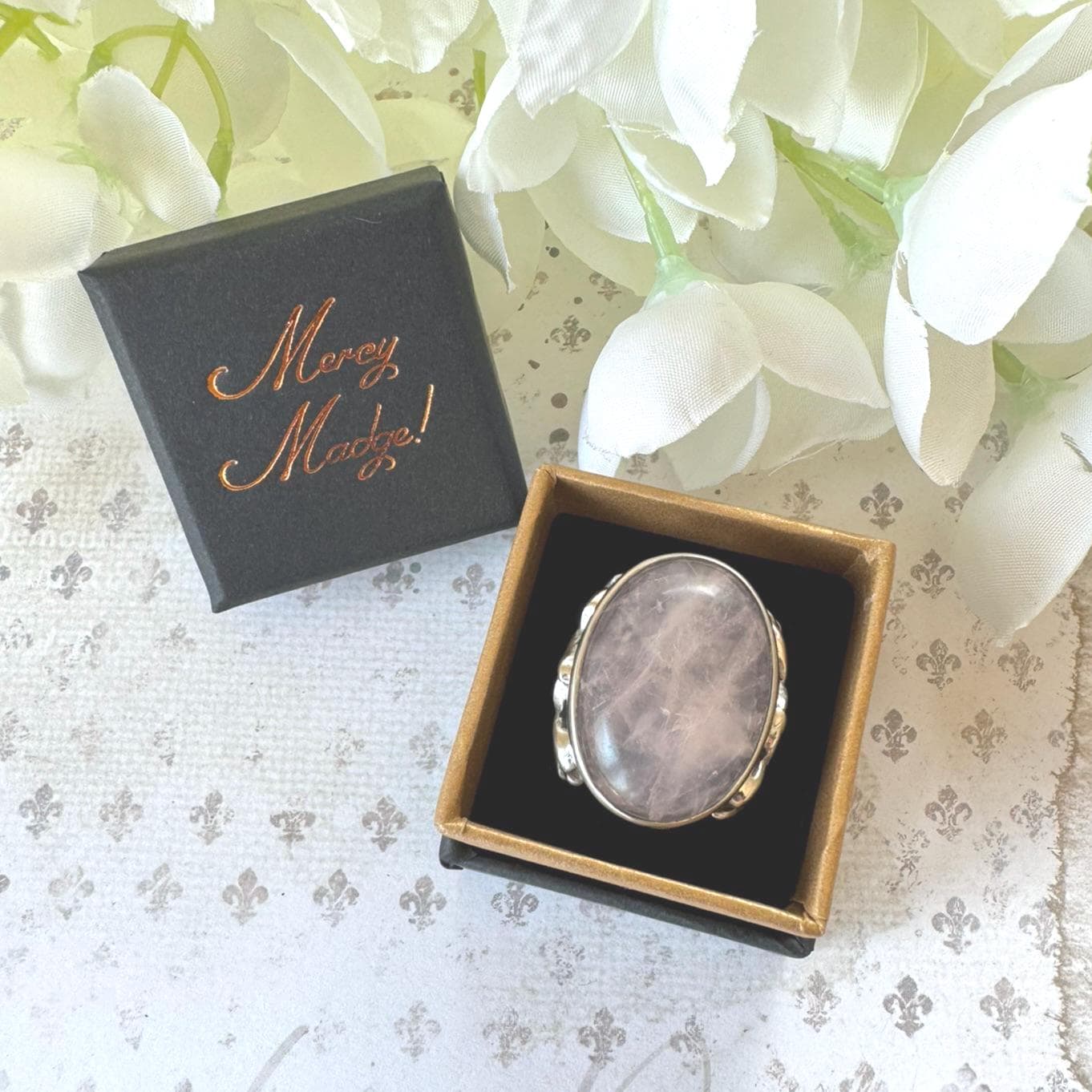 Antique Arts Crafts Rose Quartz Ring: Edwardian Sterling Silver Cabochon Statement Ring