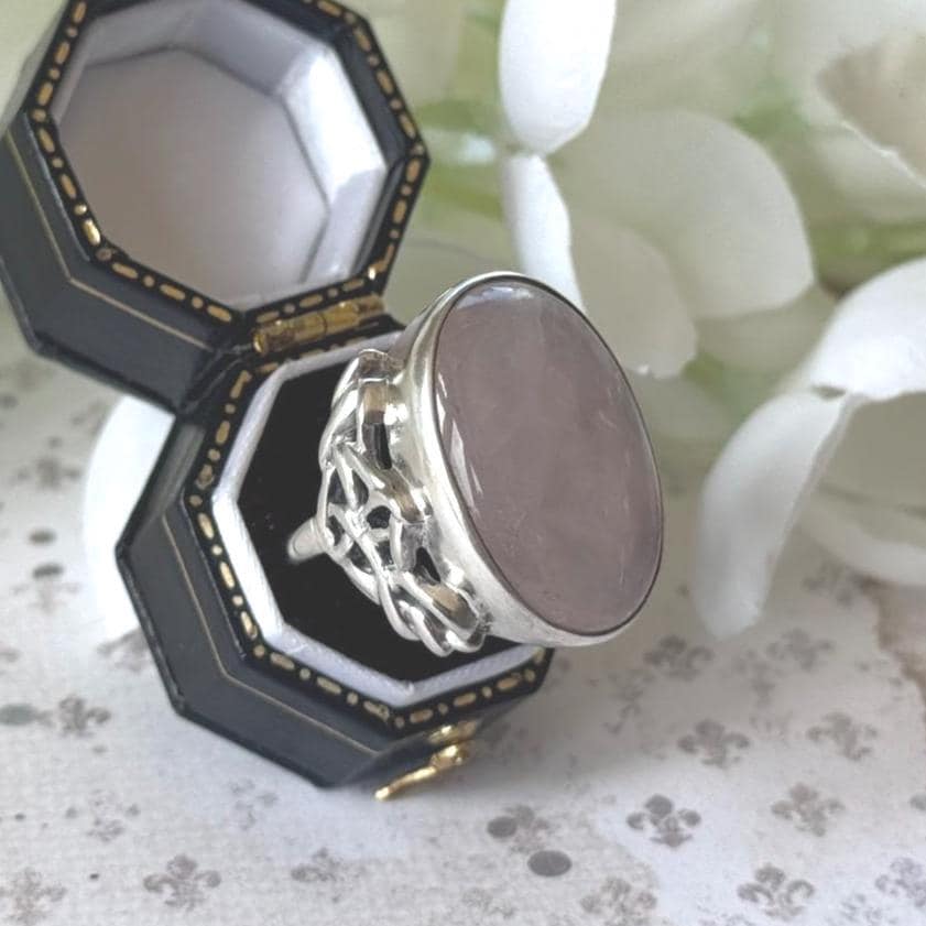 Antique Arts Crafts Rose Quartz Ring: Edwardian Sterling Silver Cabochon Statement Ring