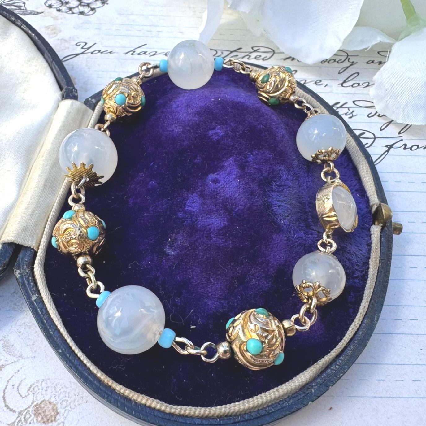 Antique Georgian Moonstone & Turquoise 18ct Gold Gilt Silver Bracelet. Early Victorian Etruscan Revival Moonstone Bead Pomander Bracelet.