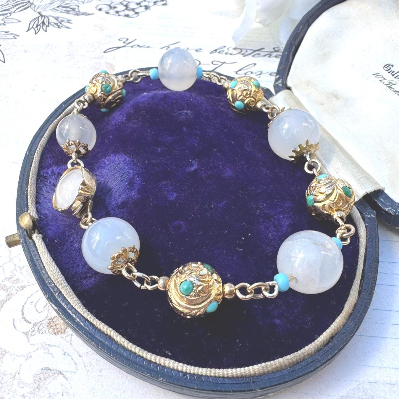 Antique Georgian Moonstone & Turquoise 18ct Gold Gilt Silver Bracelet. Early Victorian Etruscan Revival Moonstone Bead Pomander Bracelet.