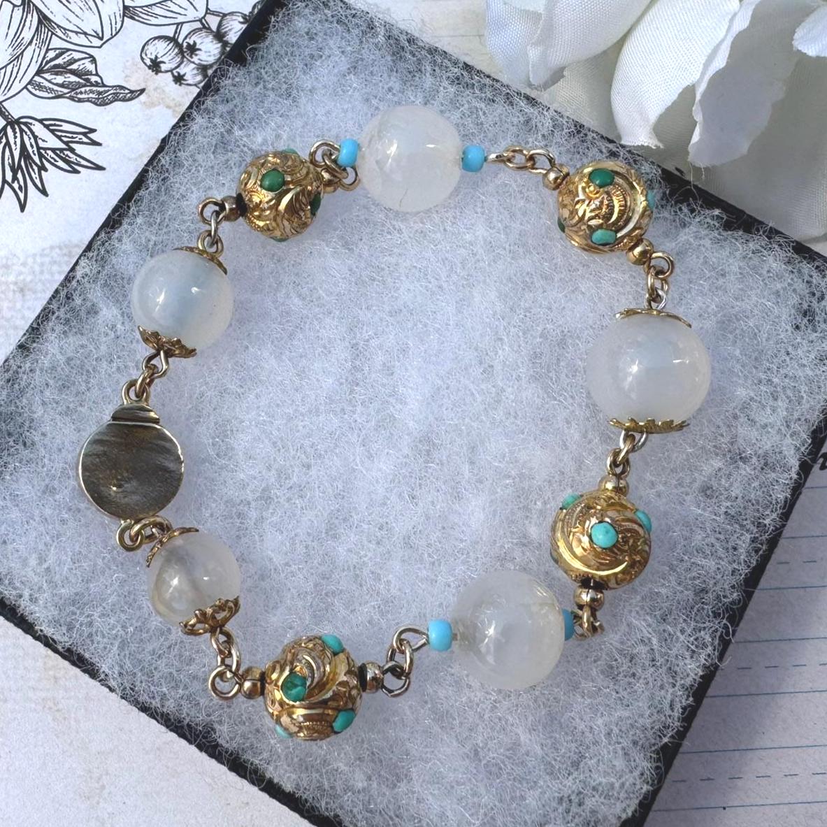 Antique Georgian Moonstone & Turquoise 18ct Gold Gilt Silver Bracelet. Early Victorian Etruscan Revival Moonstone Bead Pomander Bracelet.