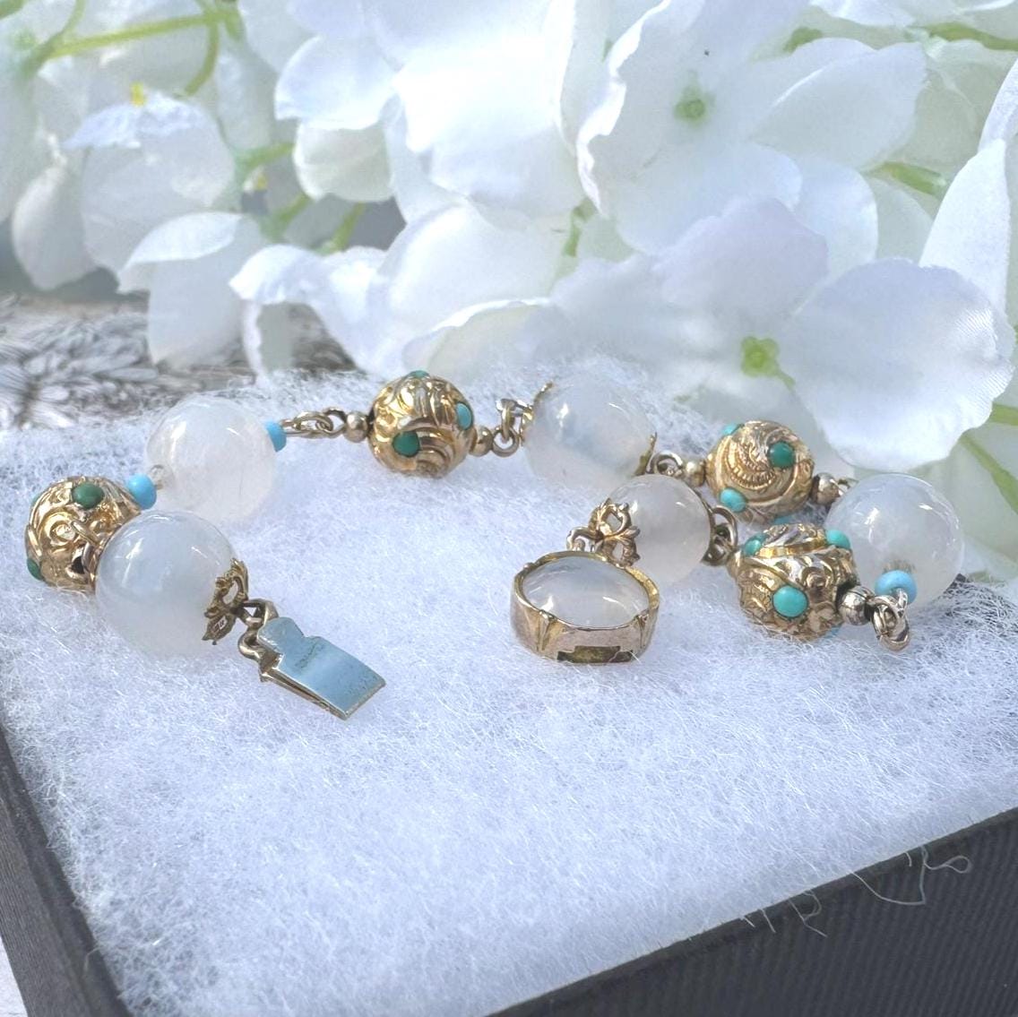 Antique Georgian Moonstone & Turquoise 18ct Gold Gilt Silver Bracelet. Early Victorian Etruscan Revival Moonstone Bead Pomander Bracelet.
