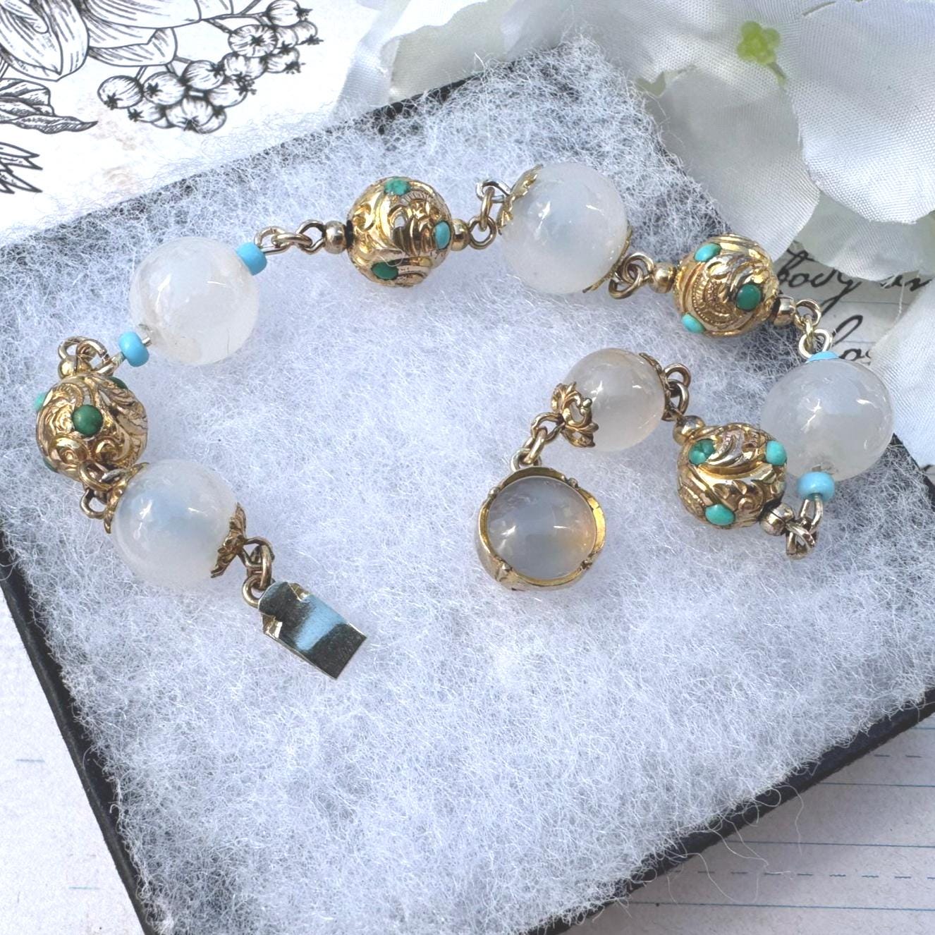 Antique Georgian Moonstone & Turquoise 18ct Gold Gilt Silver Bracelet. Early Victorian Etruscan Revival Moonstone Bead Pomander Bracelet.