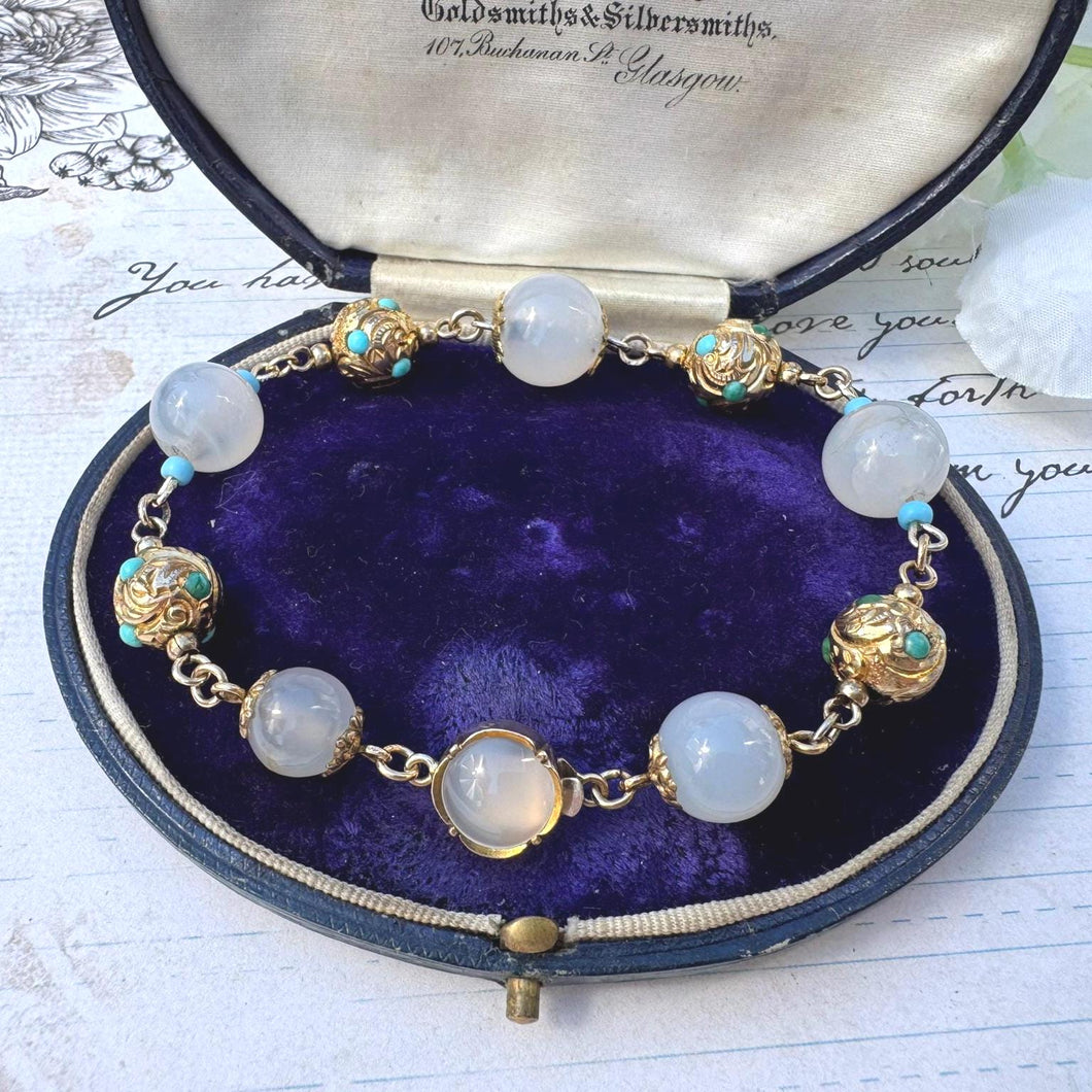 Antique Georgian Moonstone & Turquoise 18ct Gold Gilt Silver Bracelet. Early Victorian Etruscan Revival Moonstone Bead Pomander Bracelet.