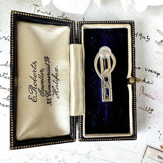 Vintage Edinburgh Silver Brooch: Art Nouveau Gingko Leaf Crystal Lapel Pin