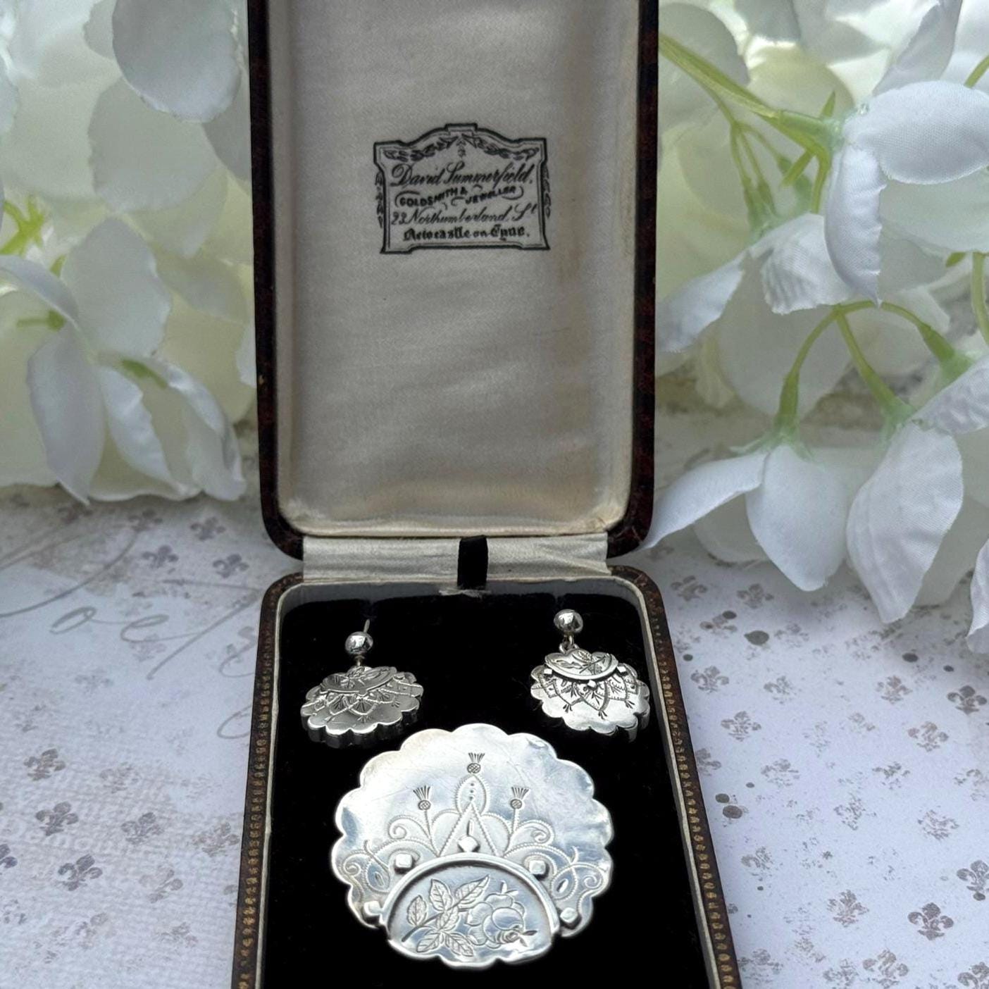 Rare Antique Victorian Aesthetic Engraved Sterling Silver Scottish Thistle Locket Brooch & Earring Set In Original Fitted Jewellery Case