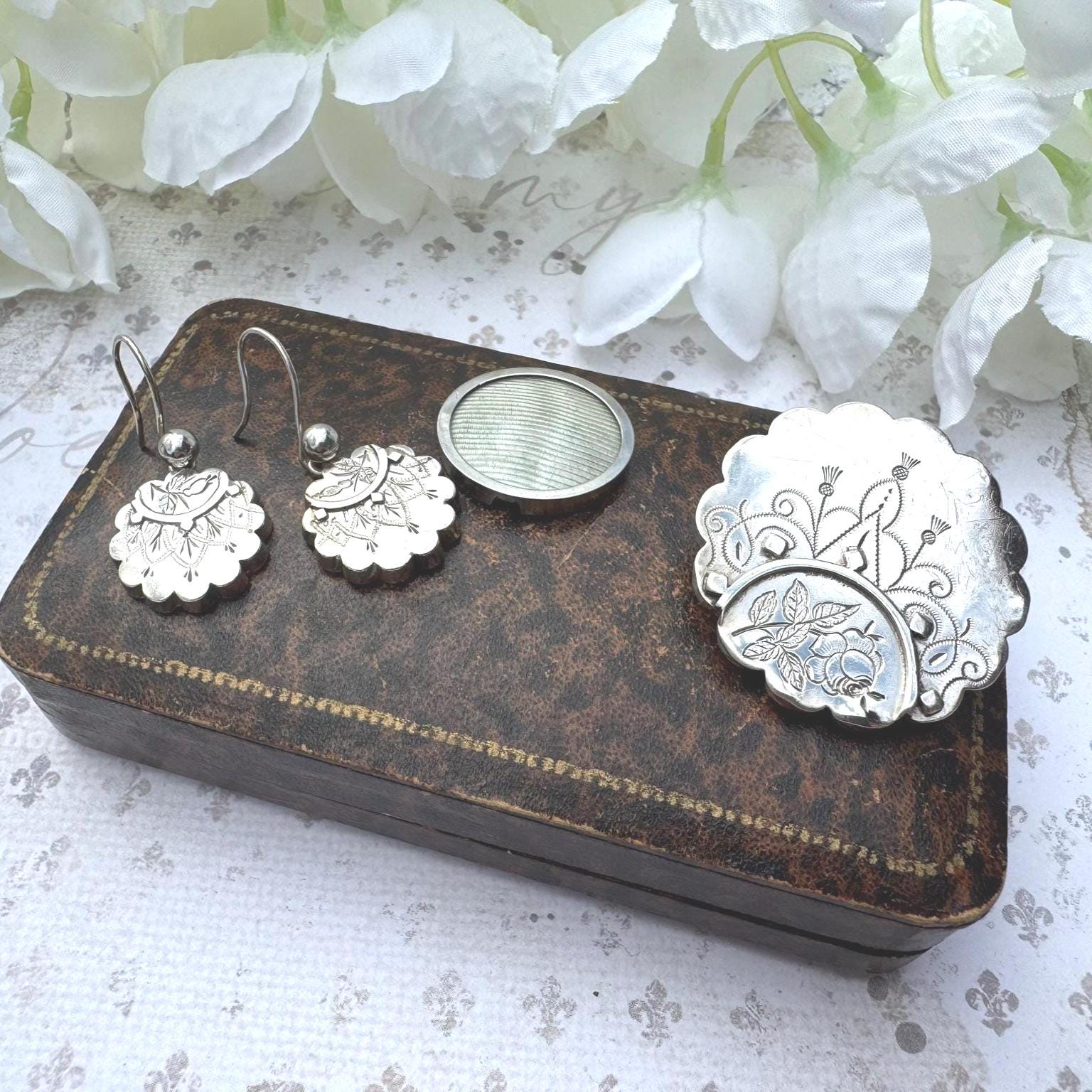 Rare Antique Victorian Aesthetic Engraved Sterling Silver Scottish Thistle Locket Brooch & Earring Set In Original Fitted Jewellery Case