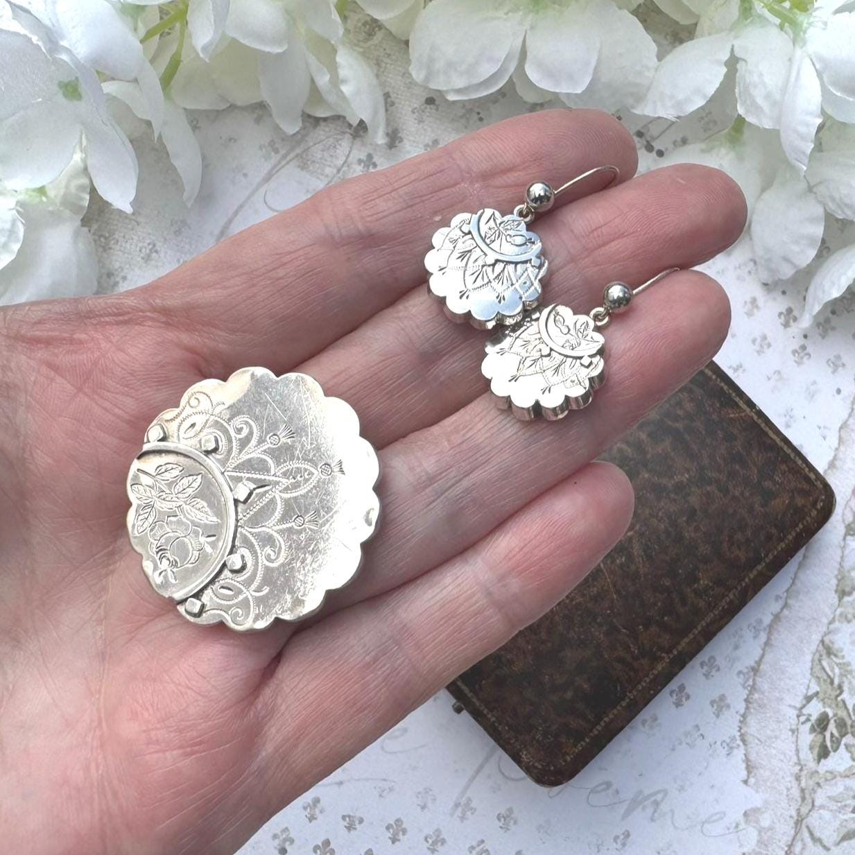Rare Antique Victorian Aesthetic Engraved Sterling Silver Scottish Thistle Locket Brooch & Earring Set In Original Fitted Jewellery Case