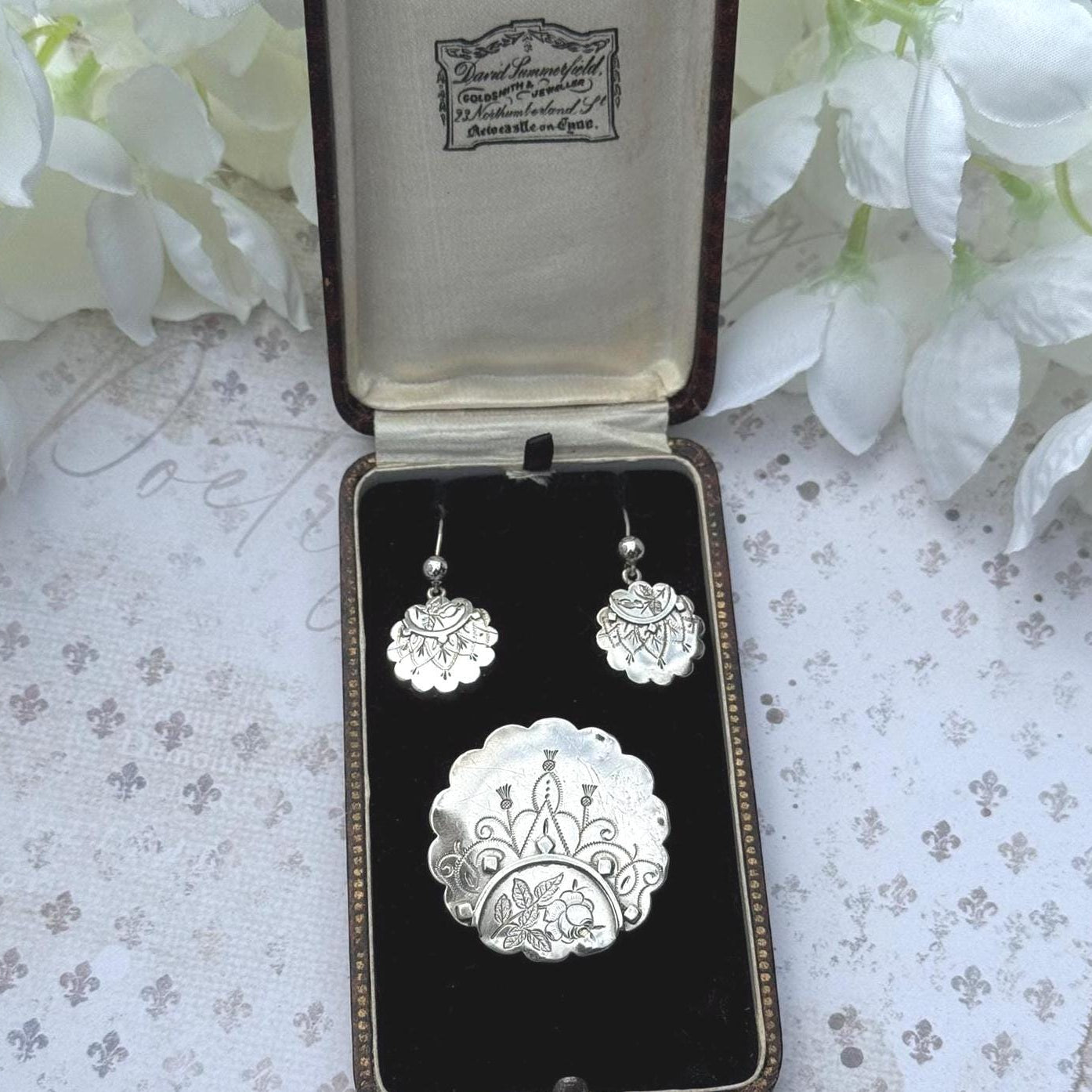 Rare Antique Victorian Aesthetic Engraved Sterling Silver Scottish Thistle Locket Brooch & Earring Set In Original Fitted Jewellery Case
