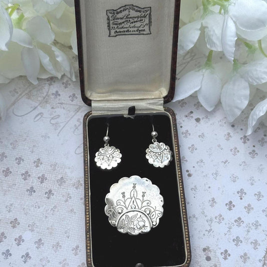 Rare Antique Victorian Aesthetic Engraved Sterling Silver Scottish Thistle Locket Brooch & Earring Set In Original Fitted Jewellery Case