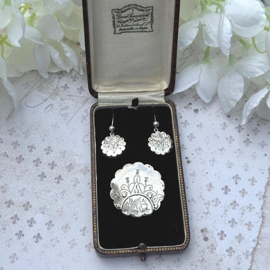 Rare Antique Victorian Aesthetic Engraved Sterling Silver Scottish Thistle Locket Brooch & Earring Set In Original Fitted Jewellery Case