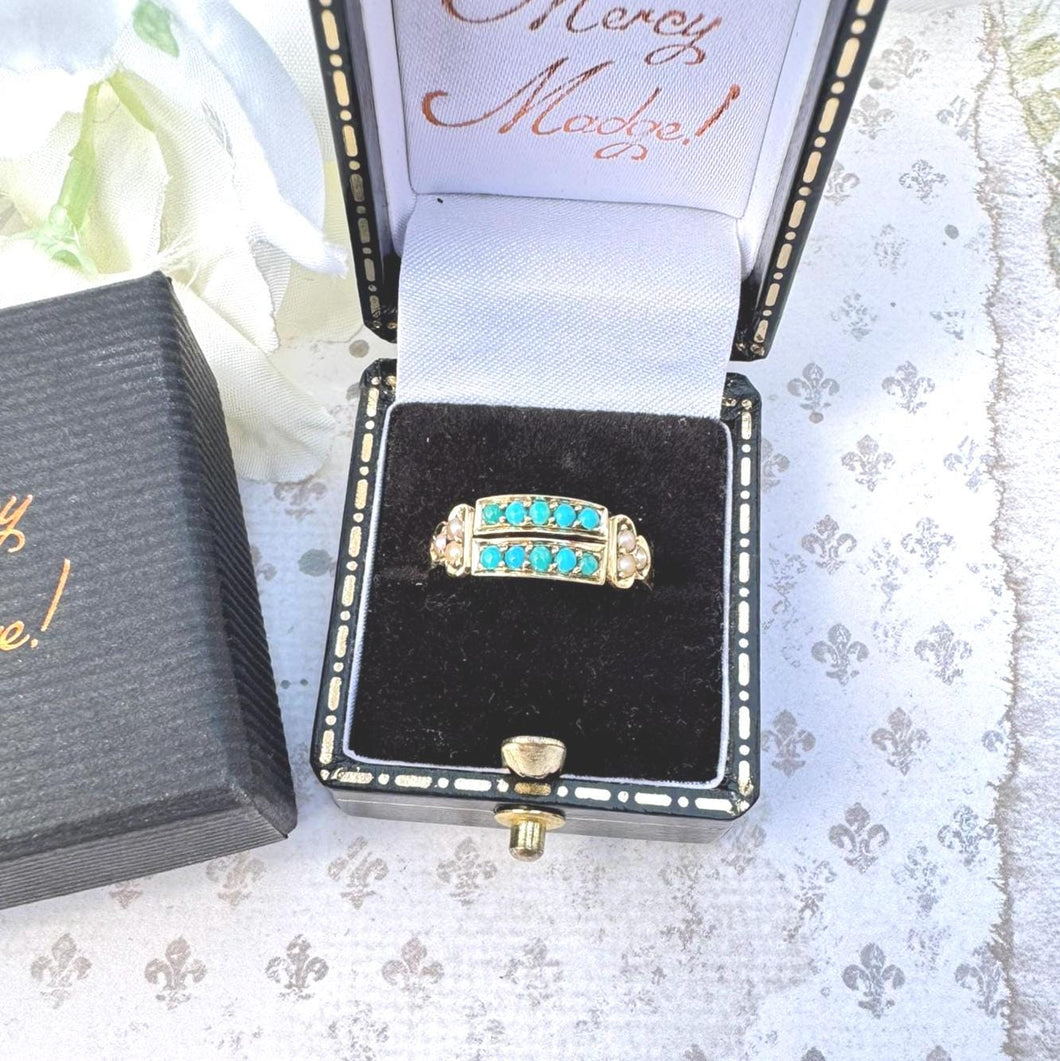 Antique Victorian Turquoise & Pearl 15ct Yellow Gold Split Band Ring, Dated 1876. Antique Half Hoop Gemstone Stacking Ring Size N.5 UK/ 7 US