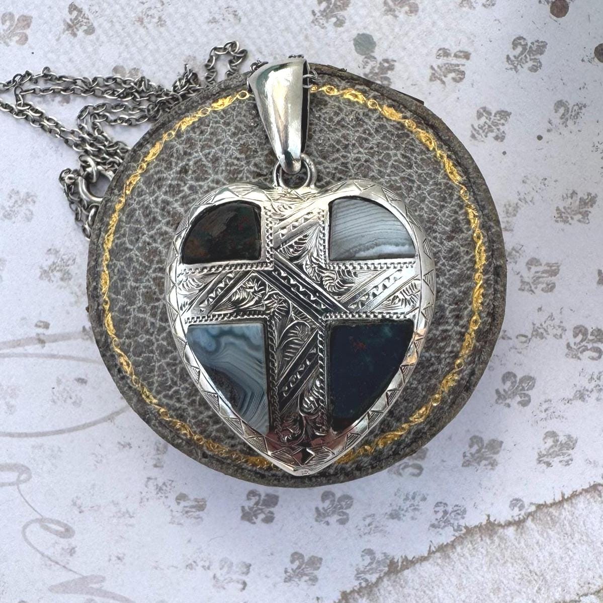 Antique Victorian Large Scottish Agate Silver Heart Pendant. Banded Agate & Bloodstone Puffy Love Heart Pendant. Scottish Pebble Jewellery