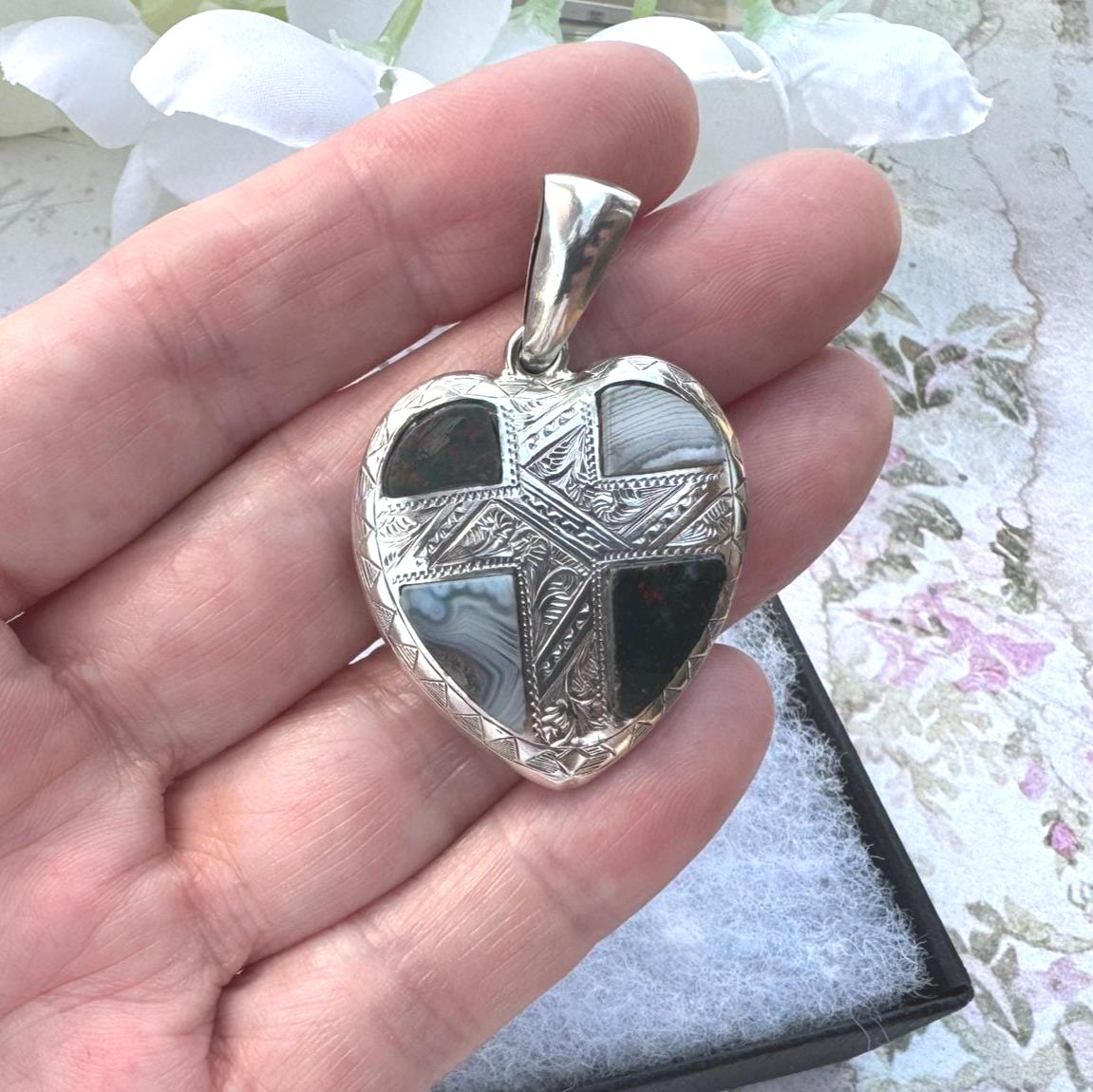 Antique Victorian Large Scottish Agate Silver Heart Pendant. Banded Agate & Bloodstone Puffy Love Heart Pendant. Scottish Pebble Jewellery