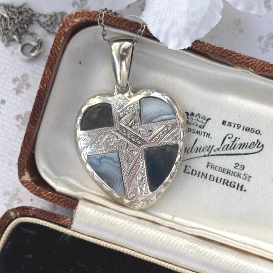 Antique Victorian Large Scottish Agate Silver Heart Pendant. Banded Agate & Bloodstone Puffy Love Heart Pendant. Scottish Pebble Jewellery