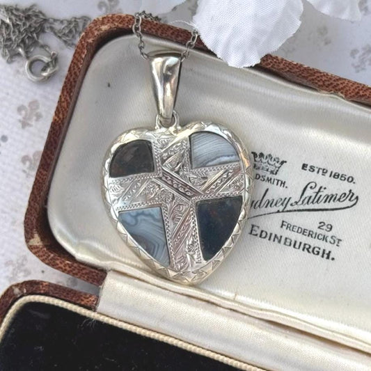 Antique Victorian Large Scottish Agate Silver Heart Pendant. Banded Agate & Bloodstone Puffy Love Heart Pendant. Scottish Pebble Jewellery