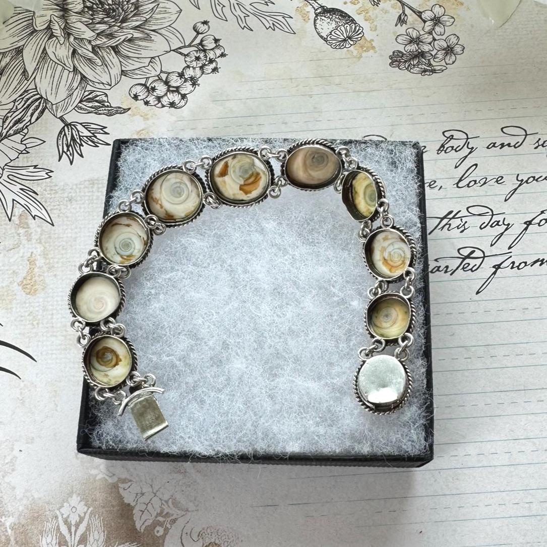 Antique Victorian Cats Eye Operculum Sterling Silver Bracelet