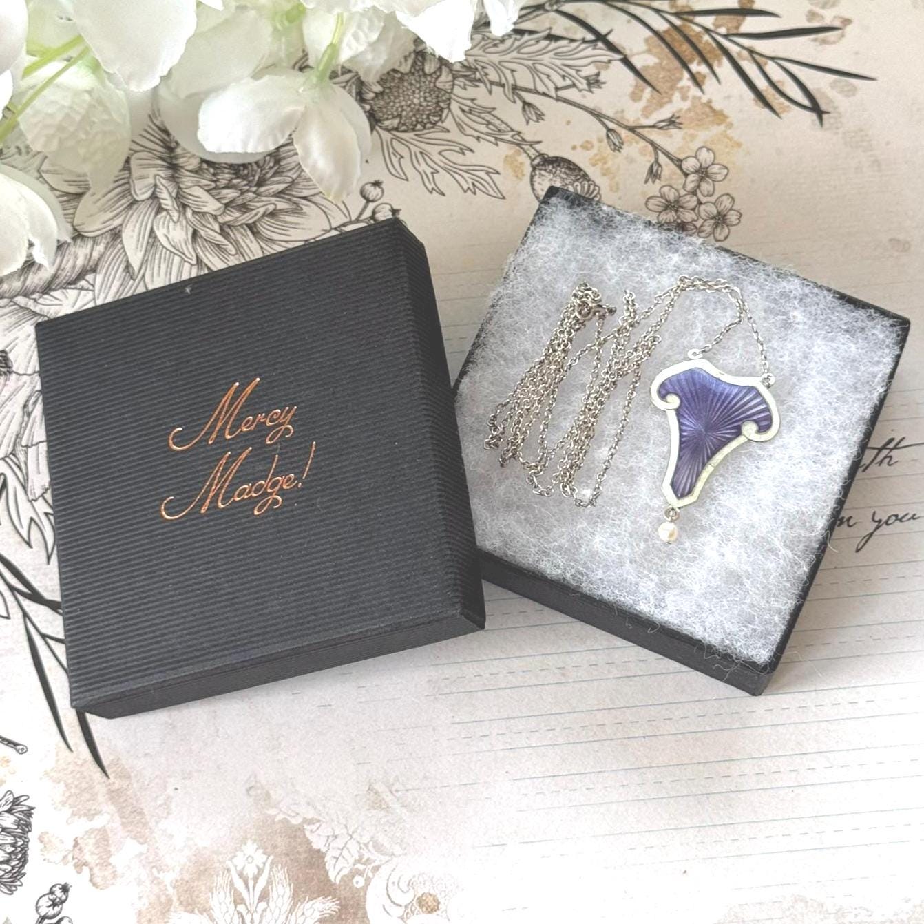 Antique Art Nouveau Sterling Silver Enamel Lavalier Pendant Necklace, Dated 1910. Edwardian Purple Guilloché Enamel Pearl Drop Long Necklace