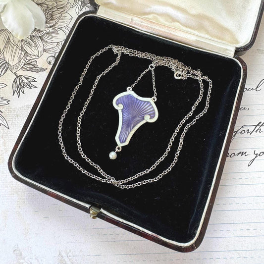 Antique Art Nouveau Sterling Silver Enamel Lavalier Pendant Necklace, Dated 1910. Edwardian Purple Guilloché Enamel Pearl Drop Long Necklace