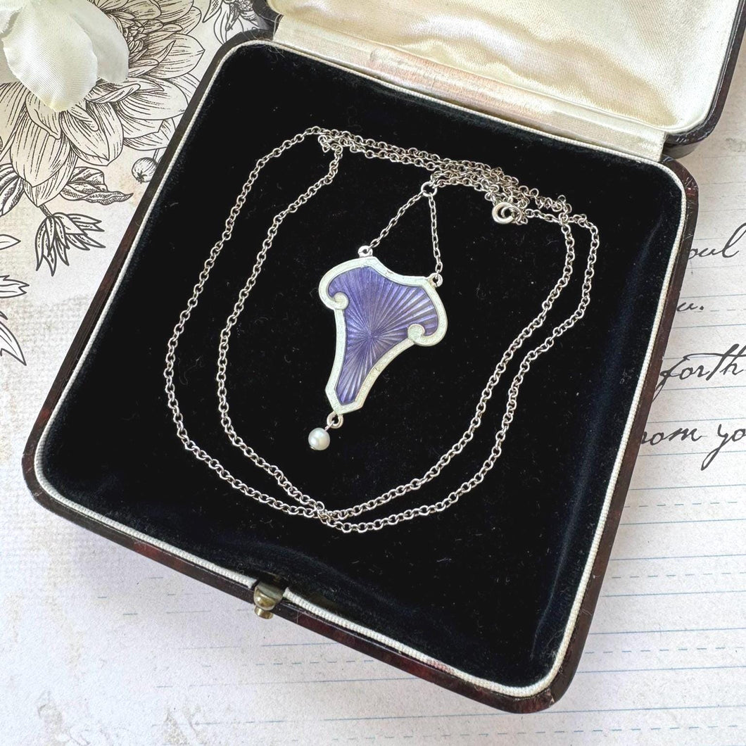 Antique Art Nouveau Sterling Silver Enamel Lavalier Pendant Necklace, Dated 1910. Edwardian Purple Guilloché Enamel Pearl Drop Long Necklace