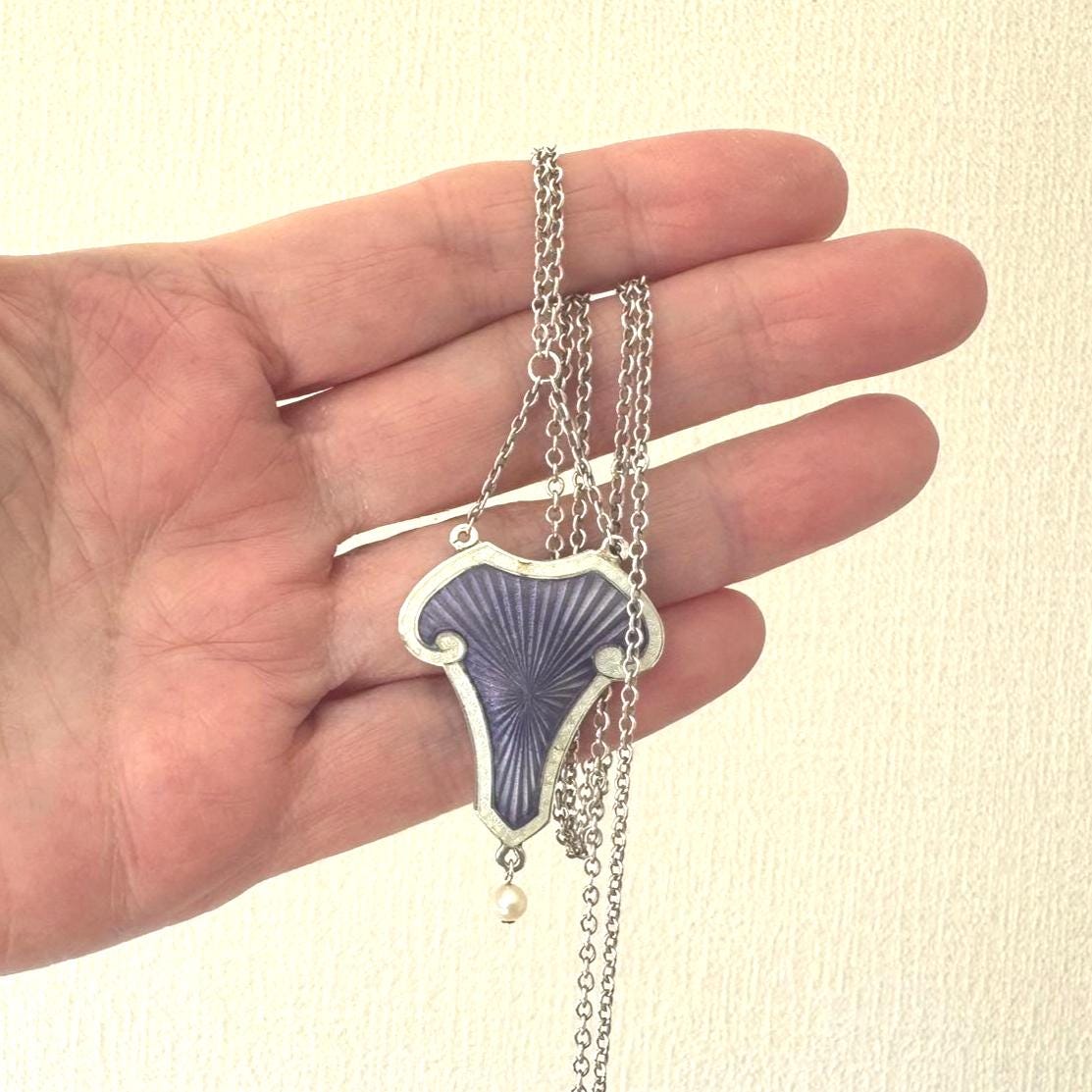 Antique Art Nouveau Sterling Silver Enamel Lavalier Pendant Necklace, Dated 1910. Edwardian Purple Guilloché Enamel Pearl Drop Long Necklace