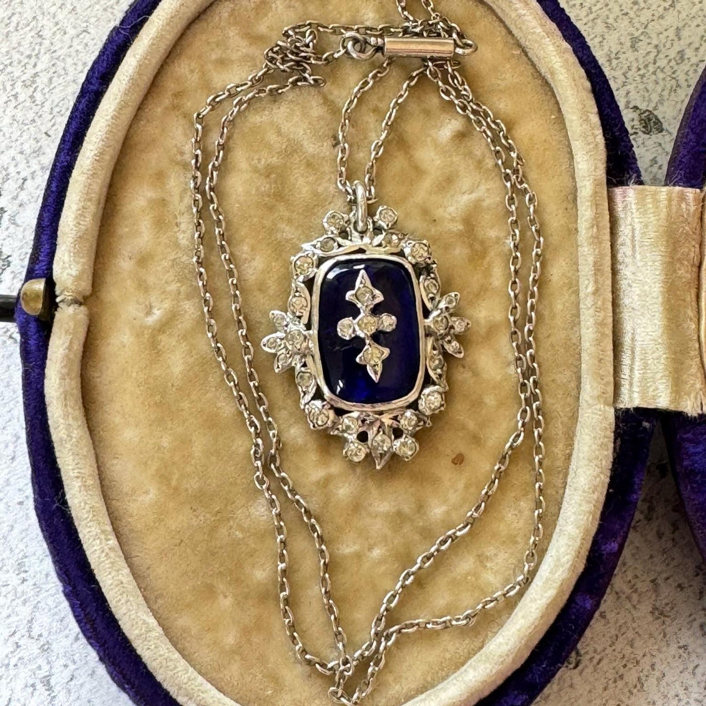 Antique Georgian Bristol Blue Glass & Paste Diamond Pendant Necklace
