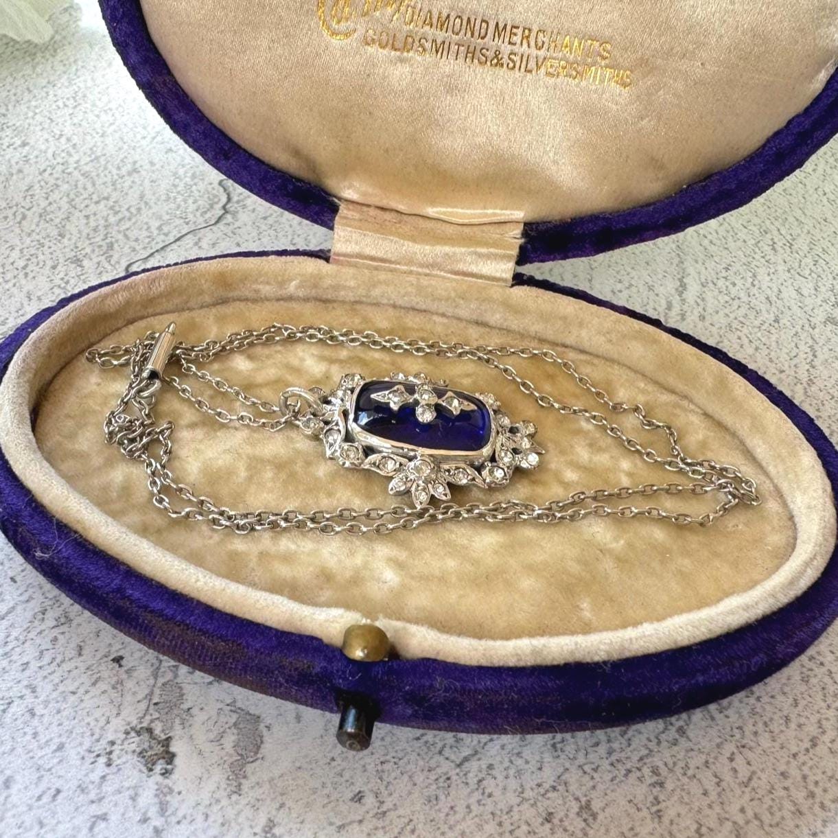 Antique Georgian Bristol Blue Glass & Paste Diamond Pendant Necklace