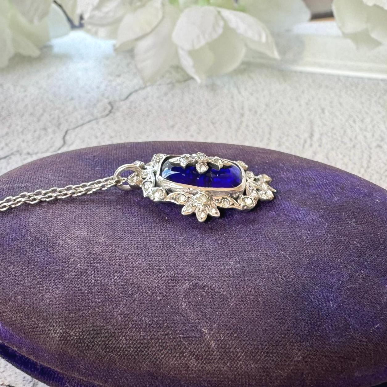 Antique Georgian Bristol Blue Glass & Paste Diamond Pendant Necklace