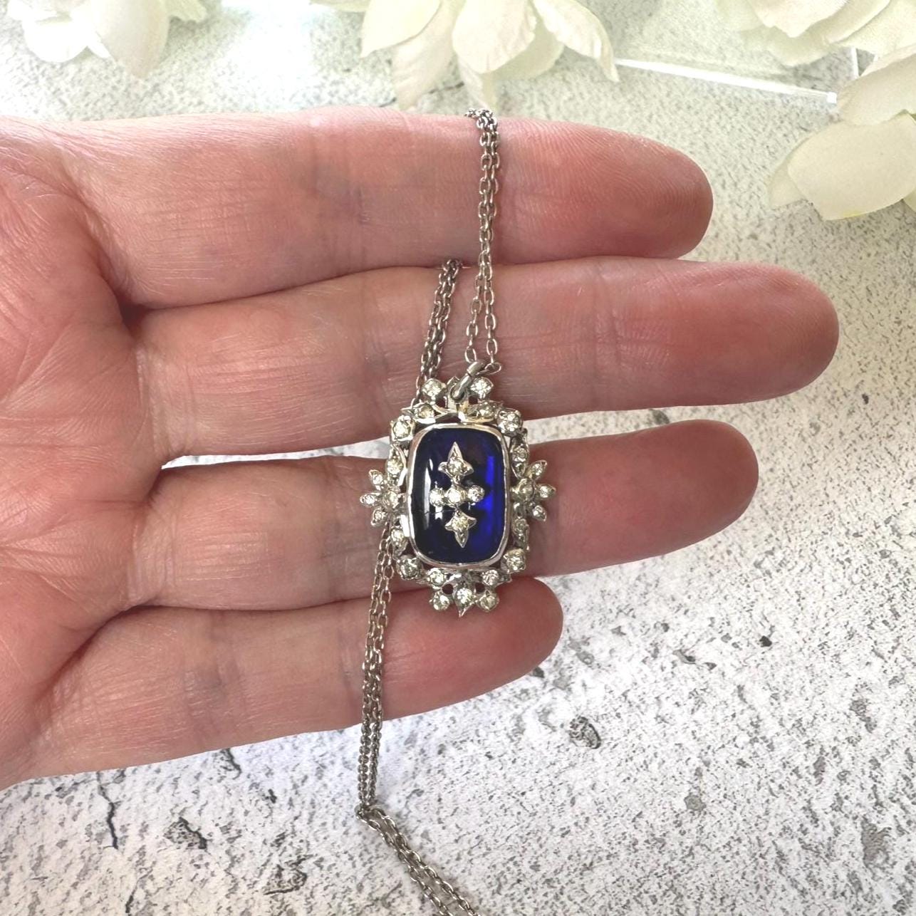 Antique Georgian Bristol Blue Glass & Paste Diamond Pendant Necklace
