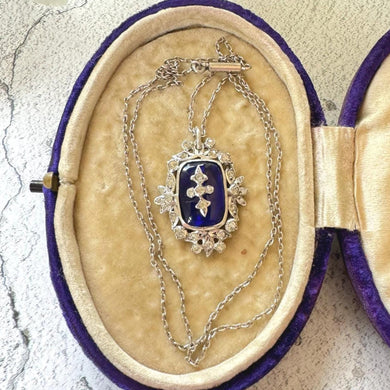 Antique Georgian Bristol Blue Glass & Paste Diamond Pendant Necklace. c1800 Early Victorian Rococo Blue Enamel Floral Cross Pendant On Chain
