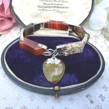 画像をギャラリービューアに読み込む, Antique Victorian Scottish Agate Sterling Silver Bracelet With Carved Heart Charm. Victorian Scottish Pebble Mixed Agate Jewellery

