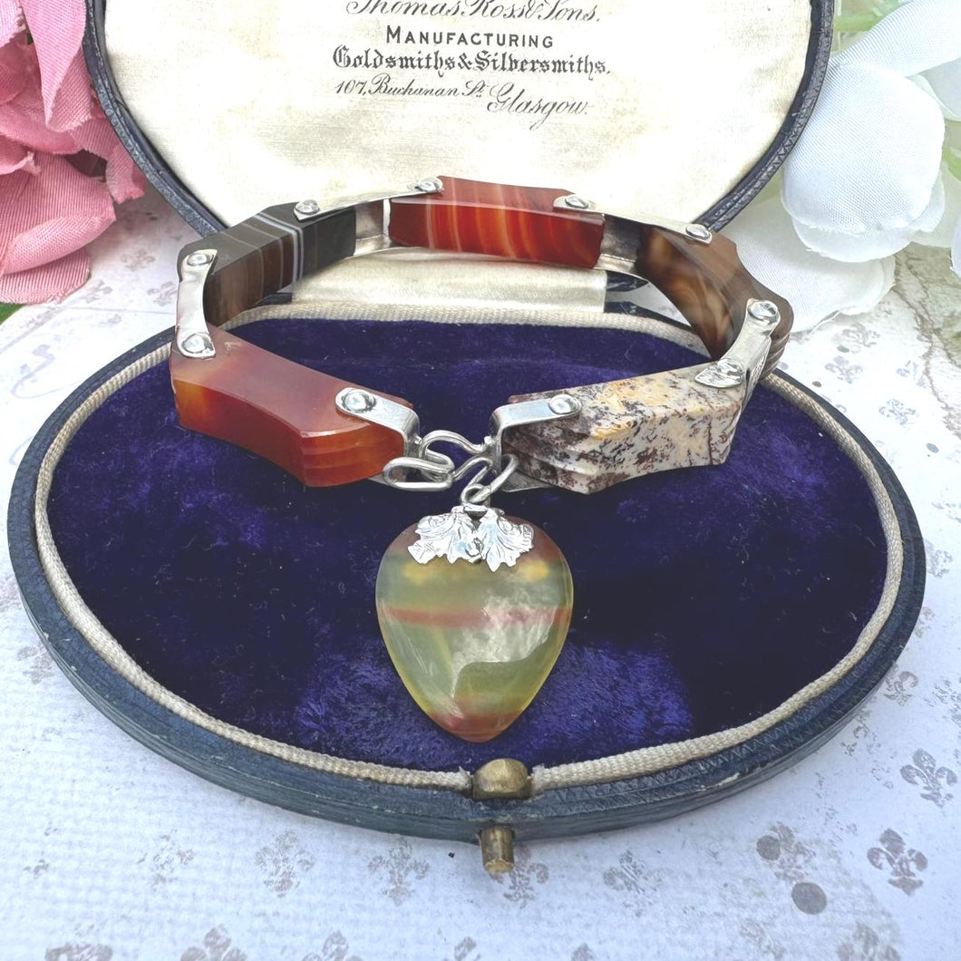 Antique Victorian Scottish Agate Sterling Silver Bracelet With Carved Heart Charm. Victorian Scottish Pebble Mixed Agate Jewellery