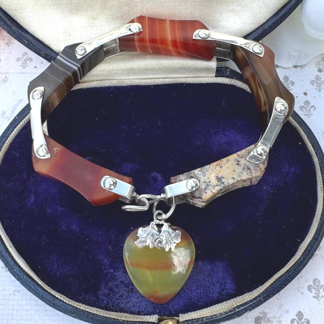 Antique Victorian Scottish Agate Sterling Silver Bracelet With Carved Heart Charm. Victorian Scottish Pebble Mixed Agate Jewellery