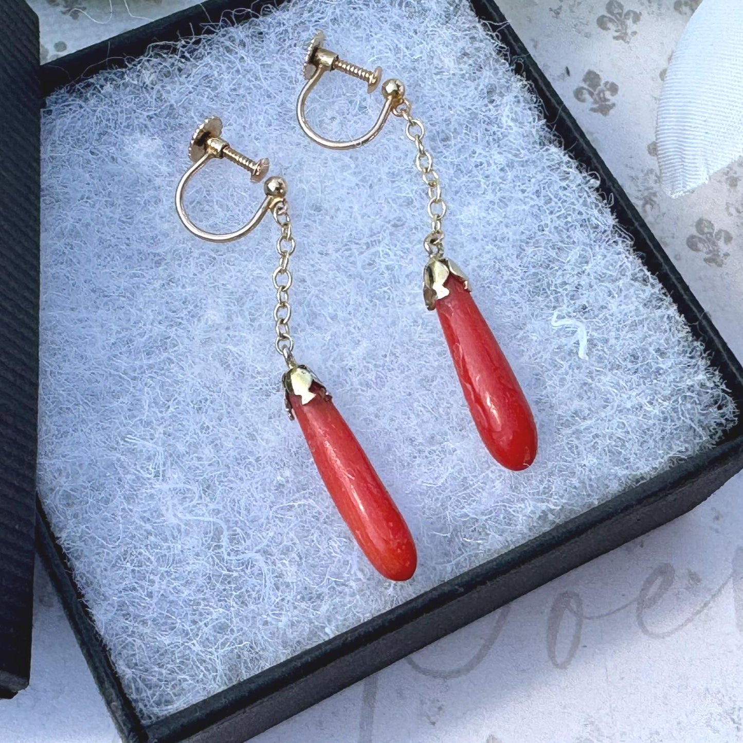 Antique Edwardian 9ct Gold Pendeloque Coral Drop Earrings