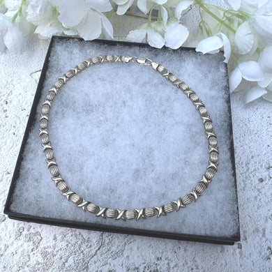 Vintage Italian Sterling Silver Hug & Kisses Articulated Link Necklace. Tank Track/Book Chain Style Necklace. 17