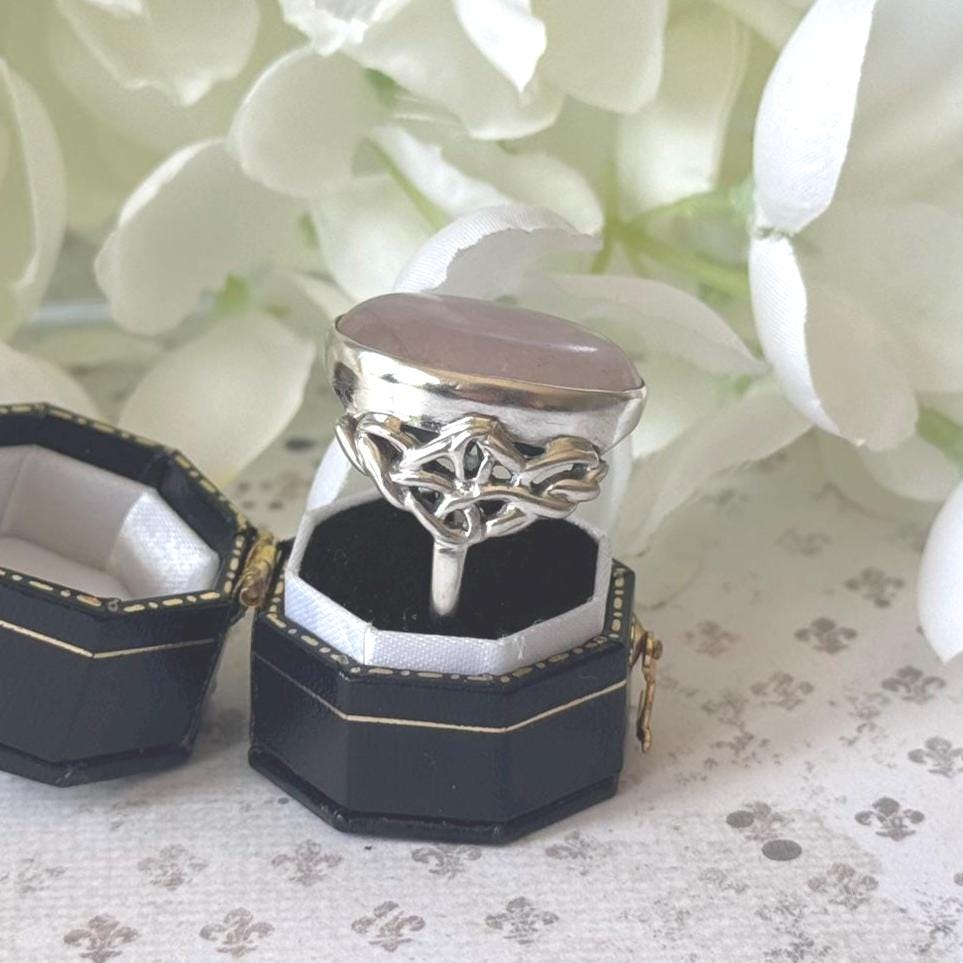 Antique Arts Crafts Rose Quartz Ring: Edwardian Sterling Silver Cabochon Statement Ring