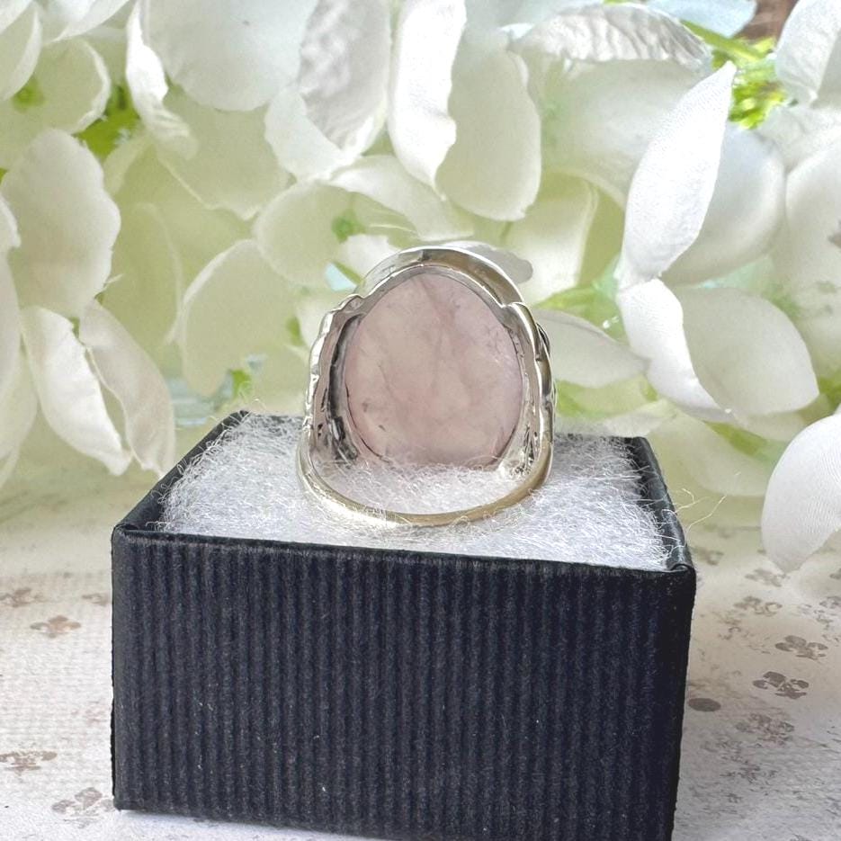 Antique Arts Crafts Rose Quartz Ring: Edwardian Sterling Silver Cabochon Statement Ring