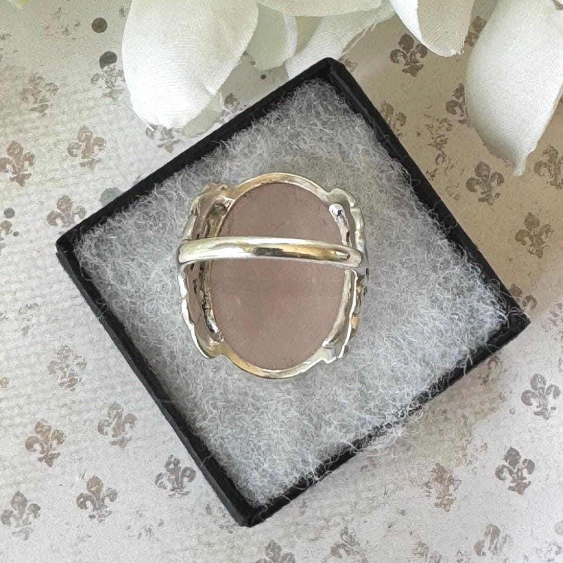 Antique Arts Crafts Rose Quartz Ring: Edwardian Sterling Silver Cabochon Statement Ring