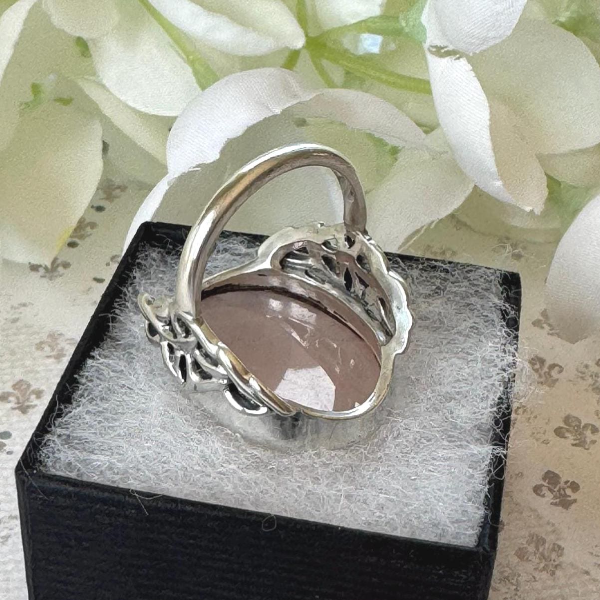 Antique Arts Crafts Rose Quartz Ring: Edwardian Sterling Silver Cabochon Statement Ring